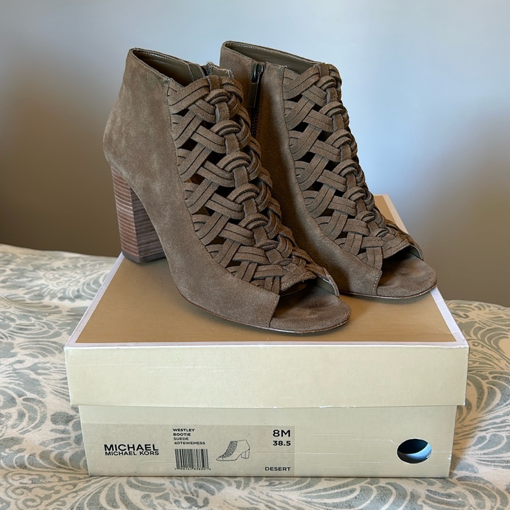 MICHAEL Michael Kors Brown Suede Peep-Toe Woven Ankle Booties